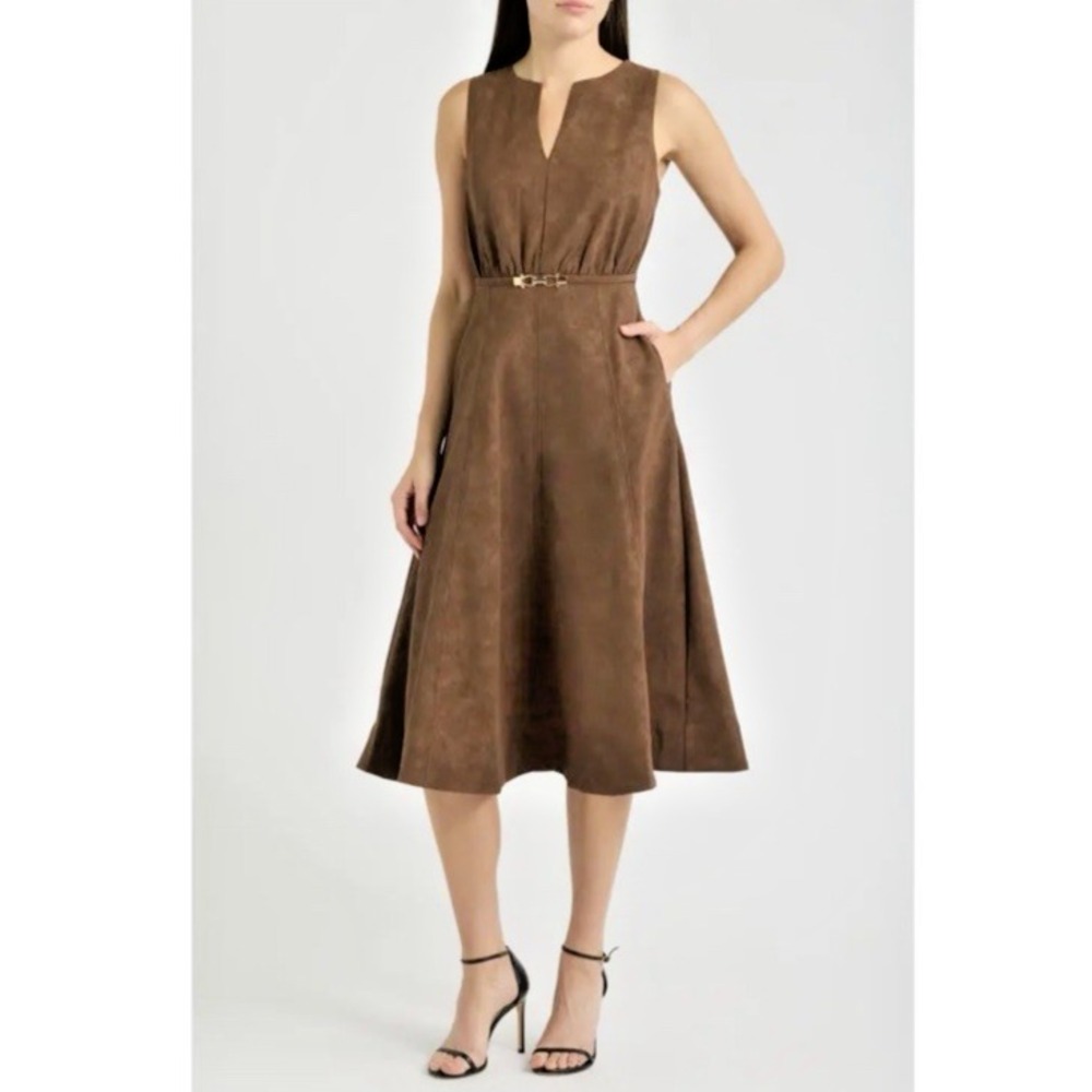 En Saison Size Medium Eloise Belted Faux Suede Midi Dress Brown